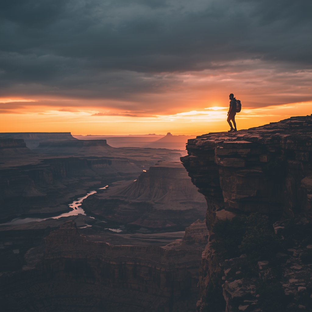 An adventurous hiker standing on a cliff edge looking out over a vast canyon at sunset, epic landscape photography, dramatic lighting.
